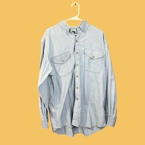 Threads Unlimited Men’s Long Sleeve Button Up Shirt Large L Chambray Blue Pocket